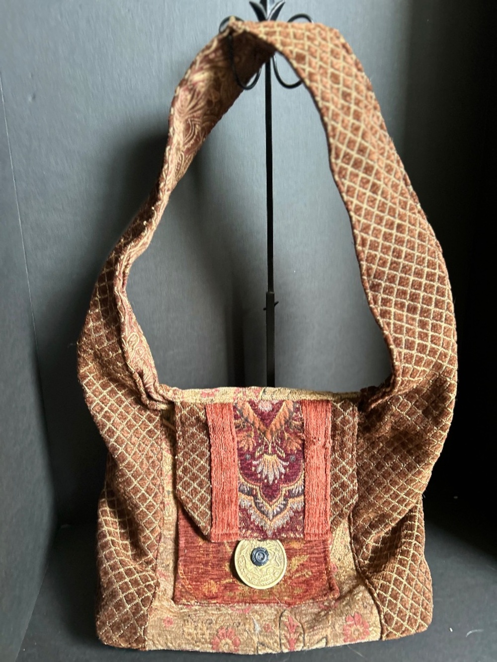 LARGE Boho Paisley Quilted Embroidered Shoulder Bag Brown Pink Snap Lined Brass